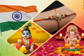 A festive collage showing key celebrations of August 2025 in India, including Independence Day, Raksha Bandhan, Krishna Janmashtami, and Ganesh Chaturthi