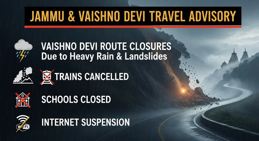 Jammu & Vaishno Devi Travel Advisory Vaishno Devi Route Closures Due to Heavy Rain & Landslides, Trains Cancelled, Schools Closed and Internet Suspension